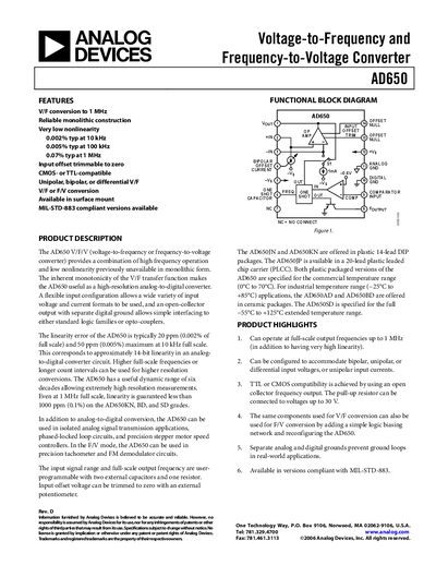 Analog Devices AD650 Voltage-to-Frequency / Frequency-to-Voltage Converter Datasheet - cover page
