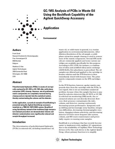 GC/MS Analysis of PCBs in Waste Oil Using the Backflush Capability of the Agilent QuickSwap Accessory - cover page