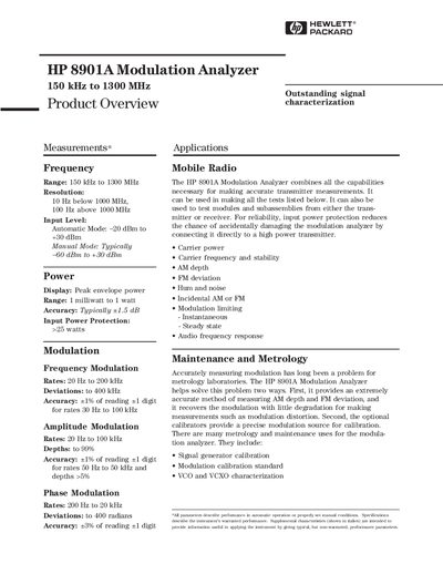 HP HP 8901A Modulation Analyzer 150 kHz to 1300 MHz Product Overview Manual - cover page