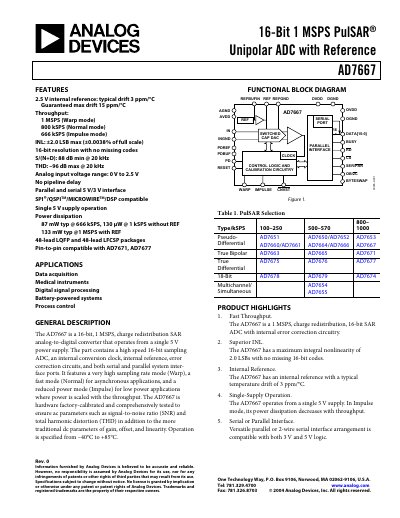 Analog Devices AD7667 16‑Bit 1 MSPS PulSAR® Unipolar ADC Datasheet