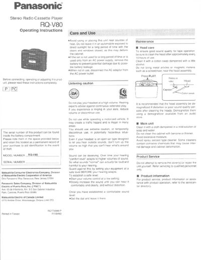 Panasonic RQ-V80 Stereo Radio Cassette Player Operating Instructions - cover page