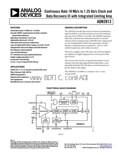 Analog Devices ADN2813 Data Recovery IC Datasheet - cover page