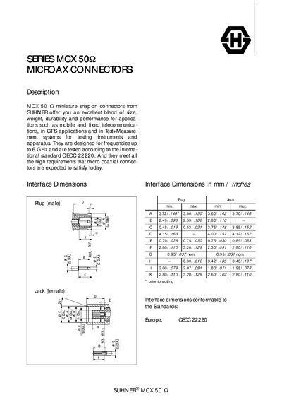 Suhner MCX 50 Coaxial Connector Datasheet - cover page