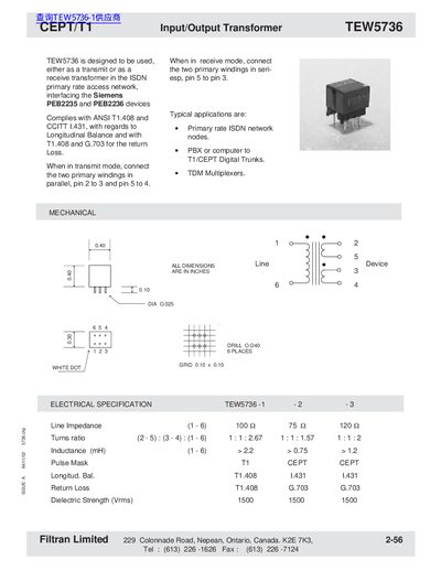 Filtran TEW5736 Input/Output Transformer Datasheet - cover page