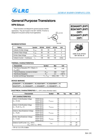 LRC BC846AWT1 BWT1/BC847AWT1 BWT1/CWT1/BC848AWT1 BWT1/CWT1 General Purpose Transistors - cover page