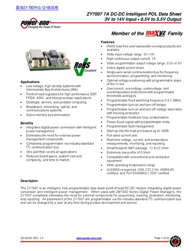 Power-One ZY7007 7A DC-DC Intelligent POL Data Sheet - cover page