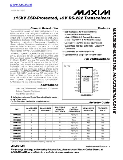 Maxim MAX202E-MAX213E, MAX232E/MAX241E RS-232 Transceivers Datasheet - cover page