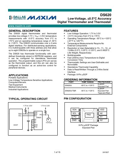 Maxim DS620 Digital Thermometer and Thermostat Datasheet - cover page
