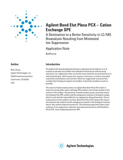 Agilent Bond Elut Plexa PCX Cation Exchange SPE Application Note - cover page