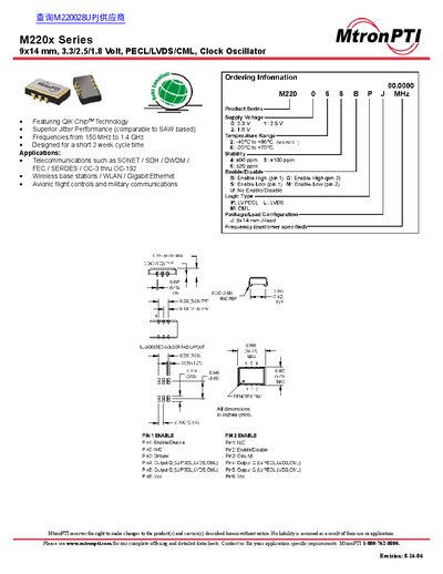MtronPTI M220x Series Clock Oscillator Datasheet - cover page
