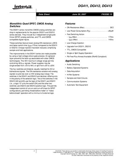 Intersil DG411/DG412/DG413 Analog Switches Datasheet - cover page