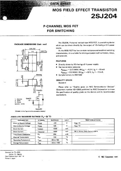 NEC 2SJ204 P-Channel MOS FET Datasheet - cover page