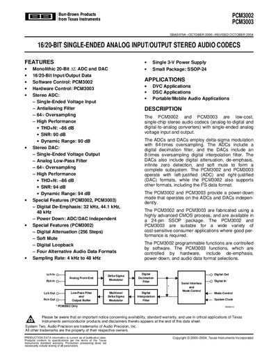 Texas Instruments PCM3002/PCM3003 Audio Codec Datasheet - cover page