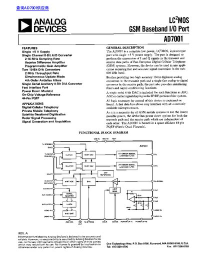 Analog Devices AD7001A GSM Baseband I/O Port Datasheet - cover page