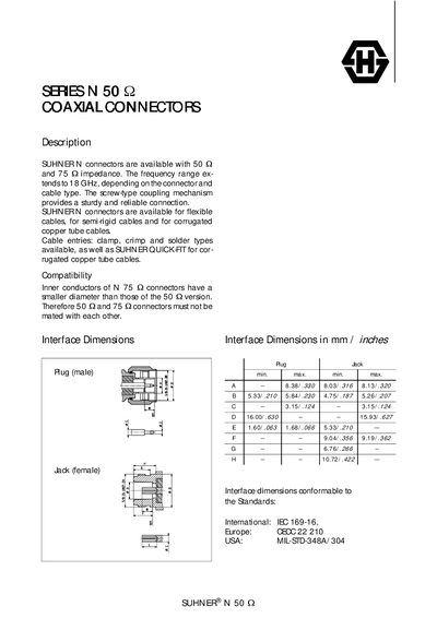 Suhner N 50Ω Coaxial Connectors Datasheet - cover page