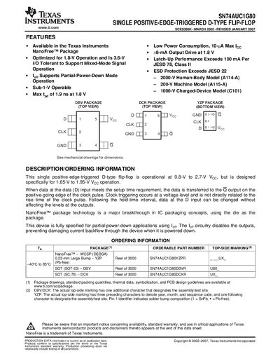Texas Instruments SN74AUC1G80 Single Positive-Edge-Triggered D-Type Flip-Flop Datasheet - cover page