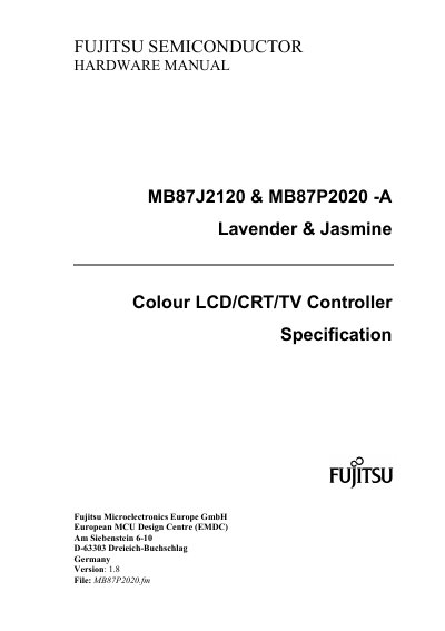 Fujitsu MB87J2120 / MB87P2020-A Hardware Manual - cover page