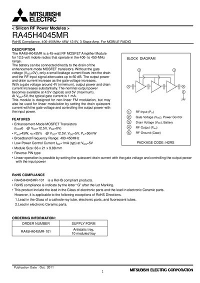 Mitsubishi Electric RA45H4045MR RF Power Module Datasheet - cover page