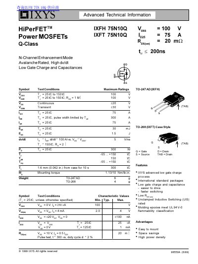 IXYS IXFH 75N10Q IXFT 75N10Q Datasheet - cover page
