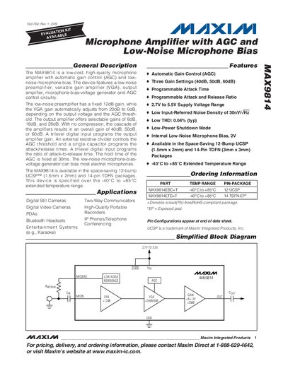 Maxim MAX9814 Microphone Amplifier Datasheet - cover page