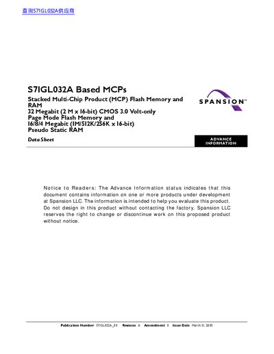 Spansion S71GL032A MCP Flash Memory and RAM Datasheet - cover page
