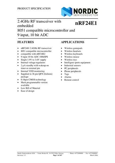 NORDIC SEMICONDUCTOR nRF24E1 2.4GHz RF transceiver with embedded 8051 compatible microcontroller 9 input 10 bit ADC handbook - cover page