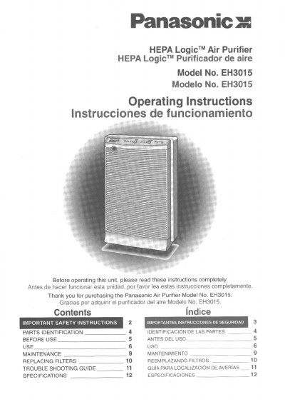Panasonic EH3015 HEPA Logic Air Purifier Operating Instructions - cover page