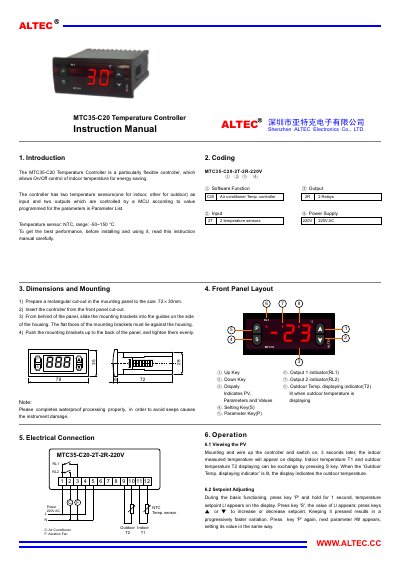 ALTEC MTC35-C20-2T-2R-220V Temperature Controller User Manual - cover page