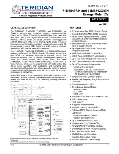 Teridian 71M6543F/H and 71M6543G/GH Energy Meter ICs Datasheet - cover page