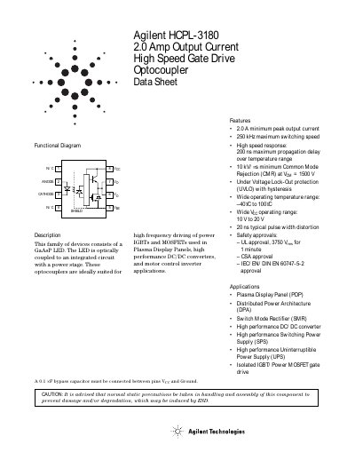 Agilent HCPL-3180 High Speed Gate Drive Optocoupler Datasheet - cover page