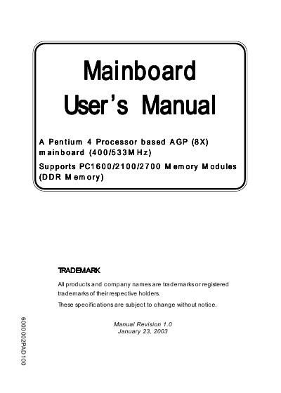 Pentlum 4 Processor based AGP(8X) mainboard user manual - cover page