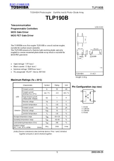 Toshiba TLP190B Photocoupler Datasheet