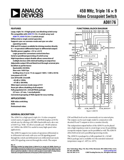 Analog Devices AD8176 Video Crosspoint Switch Datasheet - cover page