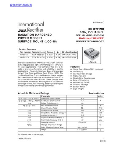 International Rectifier IRHE9130 100V P-Channel MOSFET Handbook - cover page