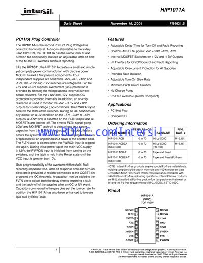Intersil HIP1011A PCI Hot Plug Controller Datasheet - cover page