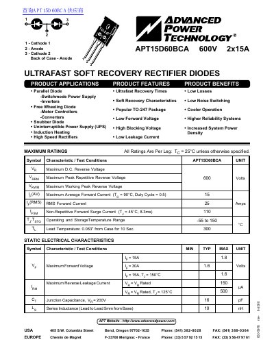 Advanced Power Technology APT15D60BCA Ultrafast Soft Recovery Rectifier Datasheet - cover page