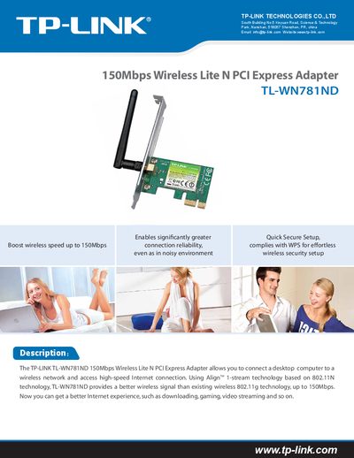 TP-Link TL-WN781ND 150Mbps Wireless Lite N PCI Express Adapter User Guide - cover page