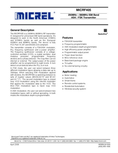 Micrel MICRF405 RF Transmitter Datasheet - cover page