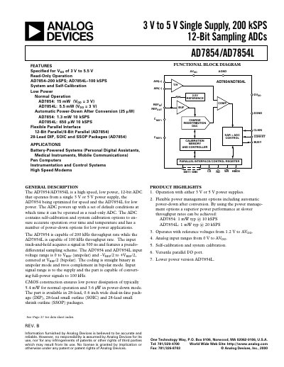 Analog Devices AD7854/AD7854L 12‑Bit ADC Datasheet - cover page