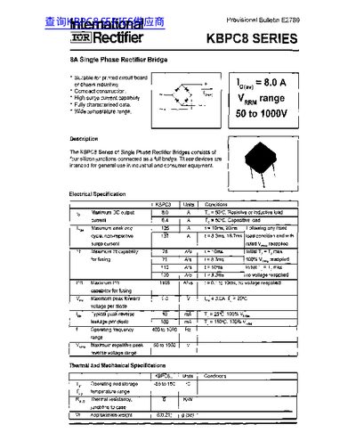 International Rectifier KBPC8 Series 8A Single Phase Rectifier Bridge Datasheet - cover page
