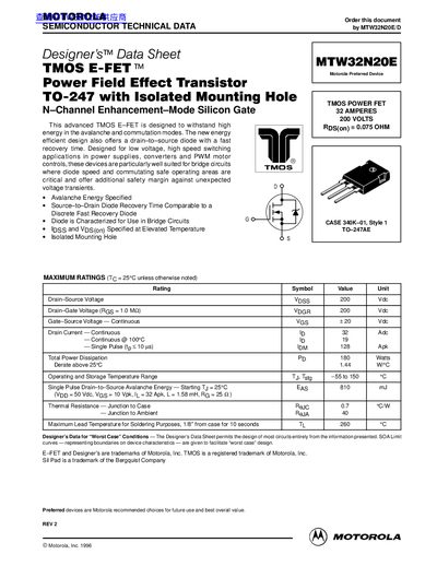Motorola MTW32N20E Datasheet - cover page