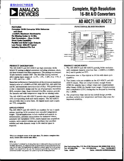 Analog Devices AD ADC71/AD ADC72 A/D Converter Datasheet - cover page