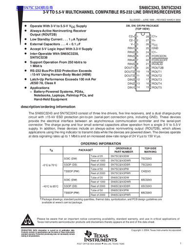 Texas Instruments SN65C3243/SN75C3243 RS-232 Line Drivers/Receivers Datasheet - cover page
