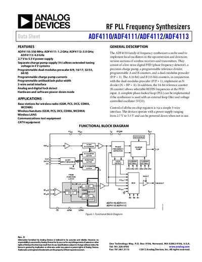 Analog Devices ADF4110/ADF4111/ADF4112/ADF4113 RF PLL Frequency Synthesizers Datasheet