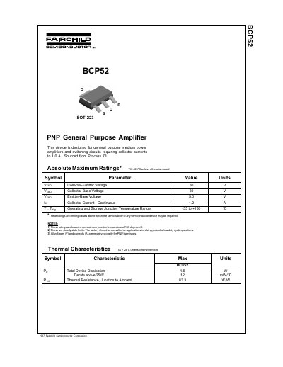 Fairchild Semiconductor BCP52 PNP General Purpose Amplifier Datasheet - cover page