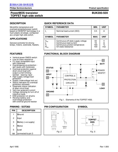 Philips BUK200-50X TOPFET High Side Switch Datasheet - cover page