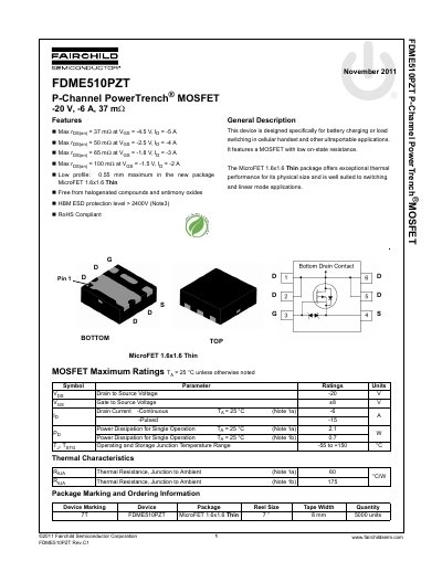 Fairchild FDME510PZT P-Channel MOSFET Datasheet - cover page