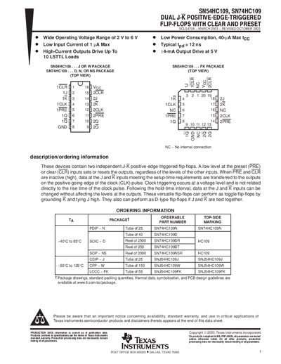 Texas Instruments SN54HC109 / SN74HC109 Dual J‑K Flip‑Flop Datasheet