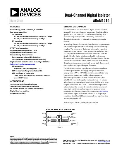 Analog Devices ADuM1210 Dual-Channel Digital Isolator Datasheet - cover page