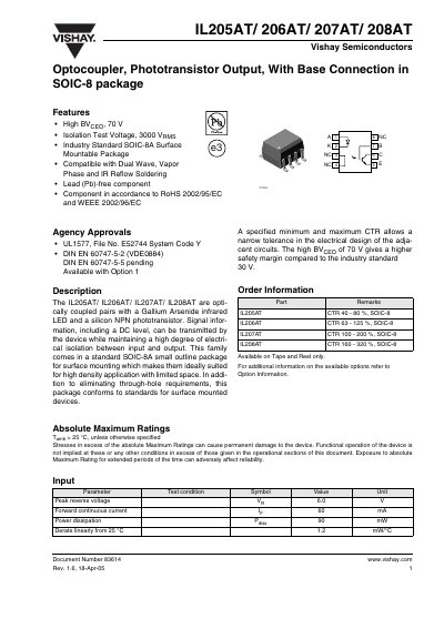 Vishay IL205AT/206AT/207AT/208AT Optocoupler Datasheet - cover page